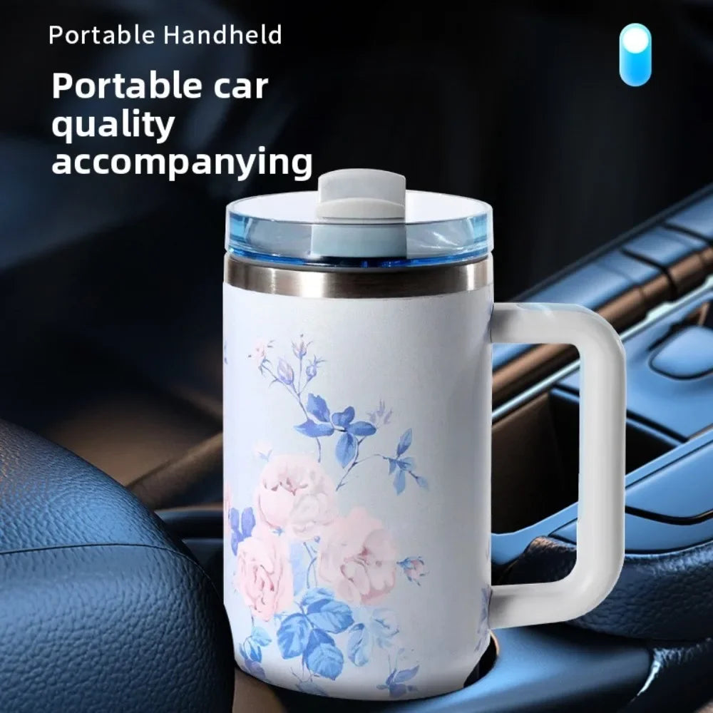 40 Oz Insulated Water Bottle with Handle and Flip Top Straw - Cup Holder Fits Leak-Proof Lid Keeps Cold for 12 Hours Single Pack