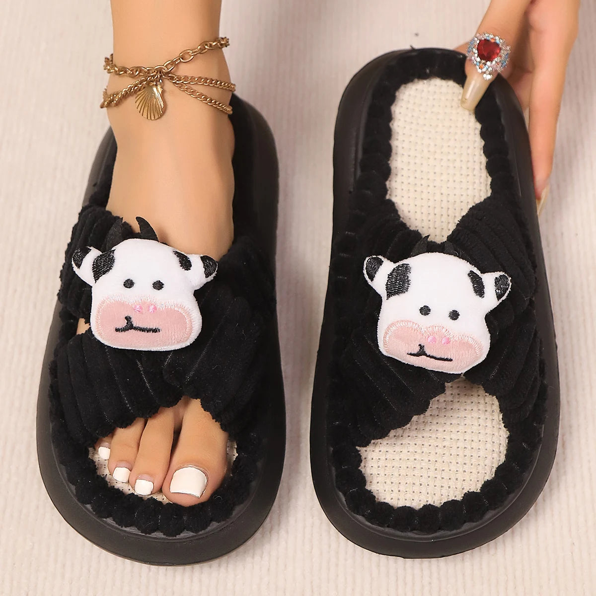 2024 Autumn Winter New Women Home Slippers Open-Toe Cross Band Linen Soled Indoor Slides Linen Soled Non-Slip Bathroom Slippers