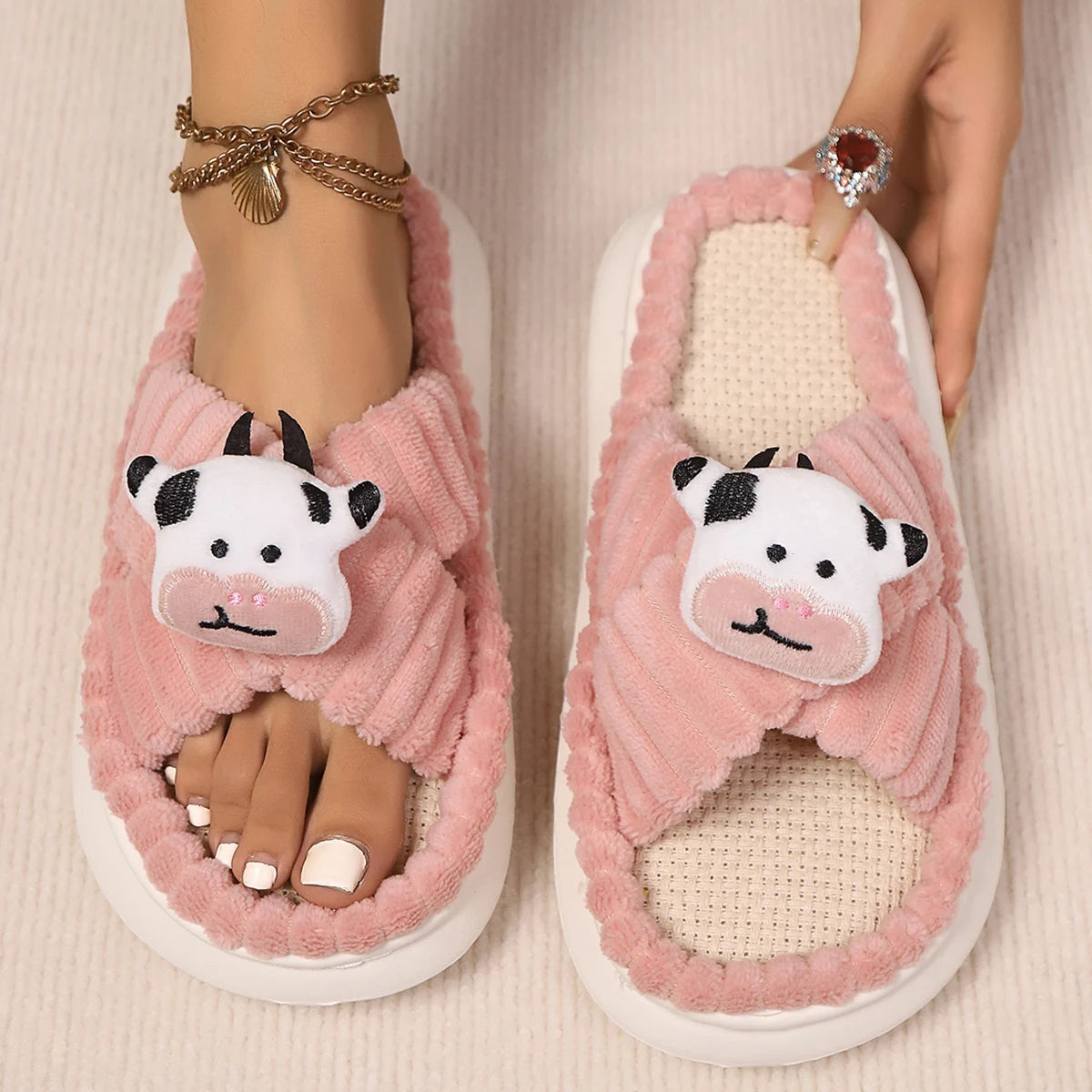 2024 Autumn Winter New Women Home Slippers Open-Toe Cross Band Linen Soled Indoor Slides Linen Soled Non-Slip Bathroom Slippers