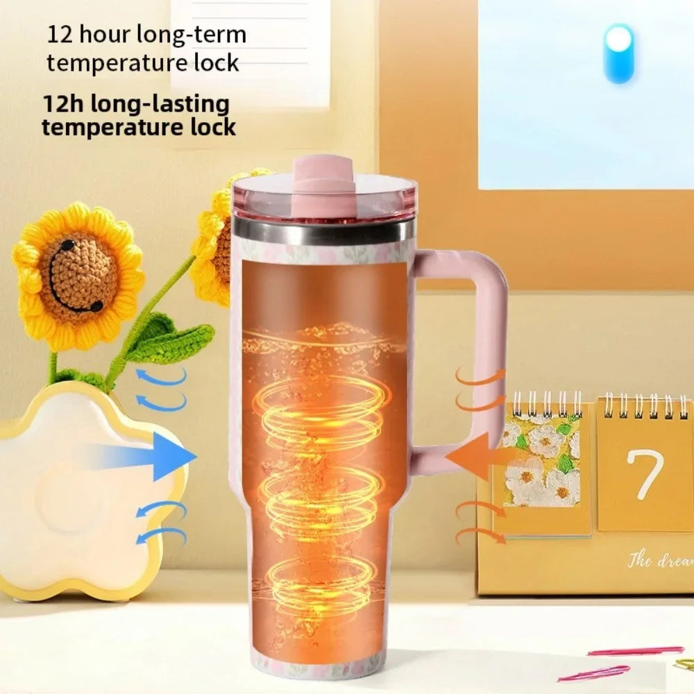 40 Oz Insulated Water Bottle with Handle and Flip Top Straw - Cup Holder Fits Leak-Proof Lid Keeps Cold for 12 Hours Single Pack