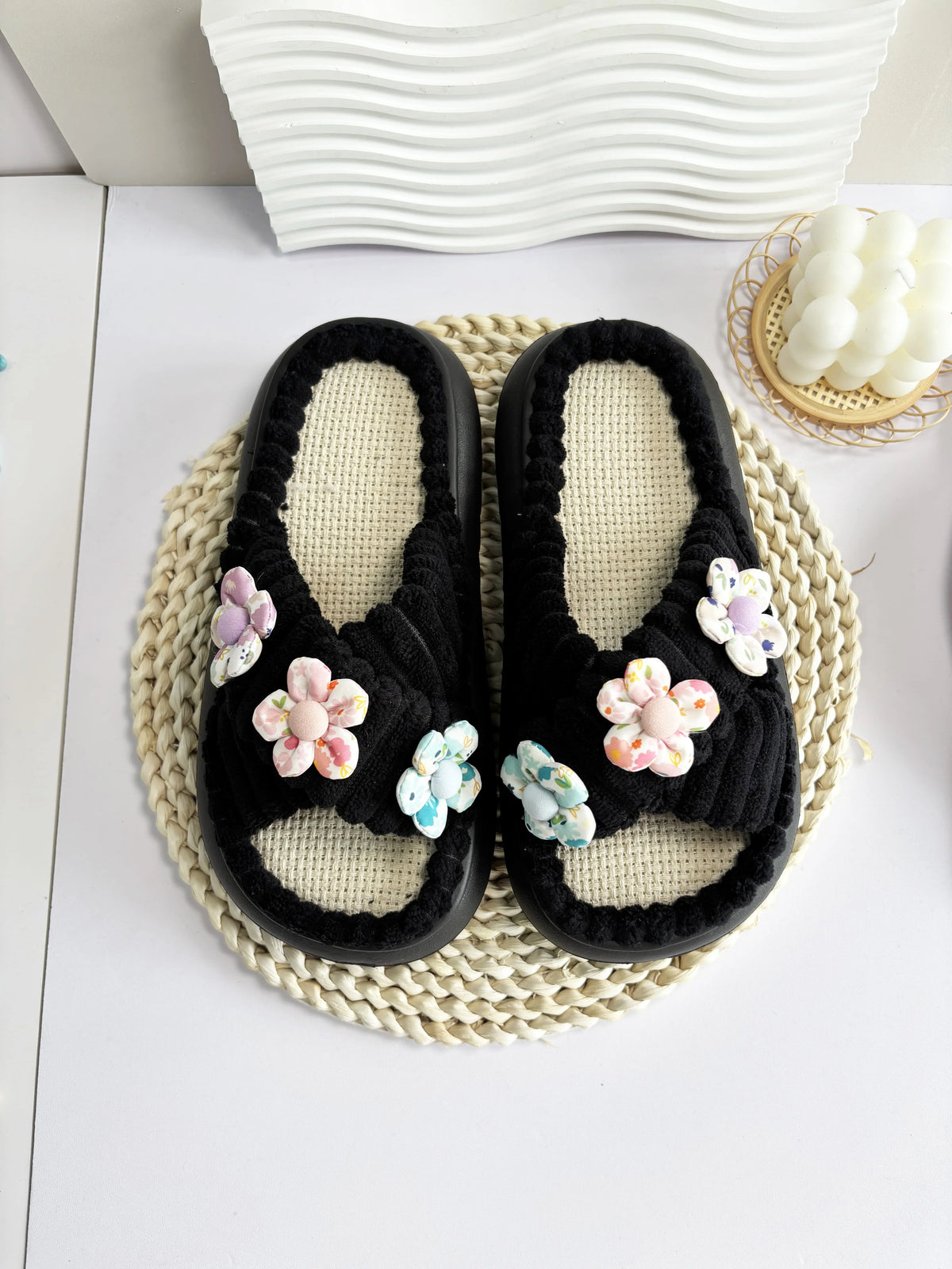 2024 Autumn Winter New Women Home Slippers Open-Toe Cross Band Linen Soled Indoor Slides Linen Soled Non-Slip Bathroom Slippers