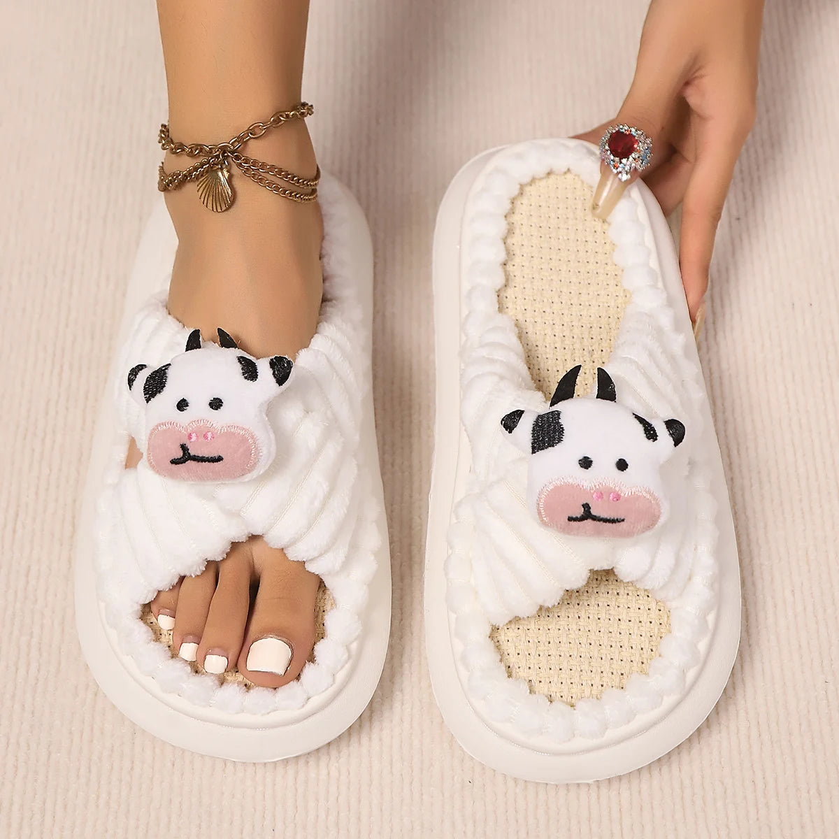 2024 Autumn Winter New Women Home Slippers Open-Toe Cross Band Linen Soled Indoor Slides Linen Soled Non-Slip Bathroom Slippers