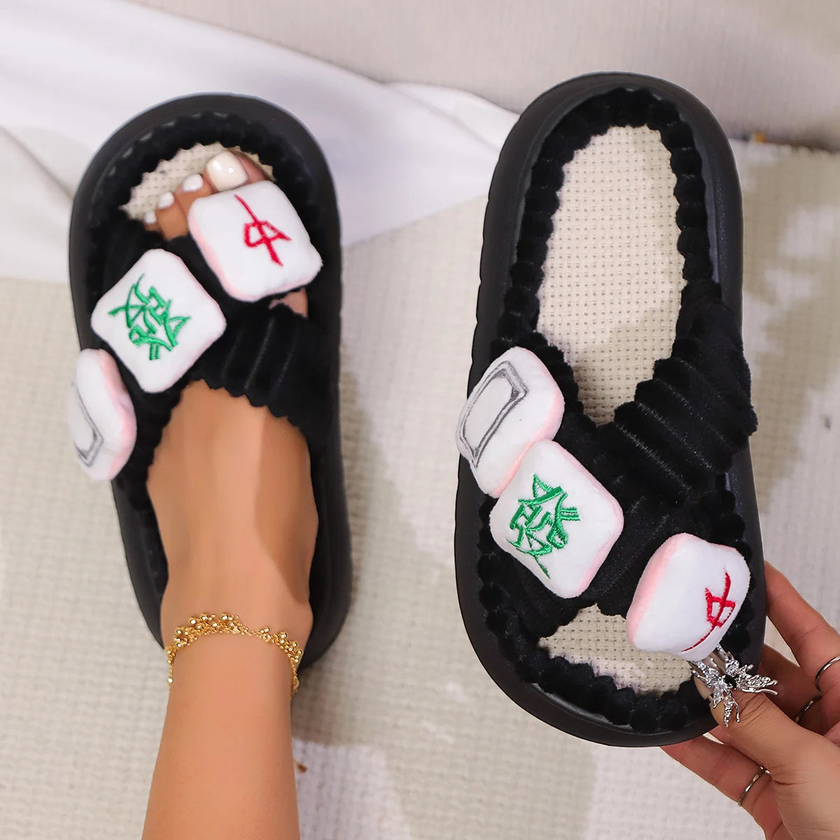 2024 Autumn Winter New Women Home Slippers Open-Toe Cross Band Linen Soled Indoor Slides Linen Soled Non-Slip Bathroom Slippers